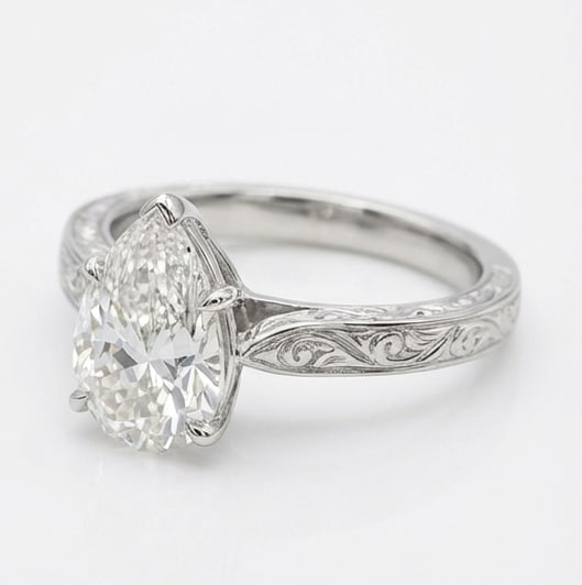 Solitaire with Hand Engraved Scroll Shank Pear Shape 4 ct Lab-Grown Diamond Ring in 14K White Gold - 2