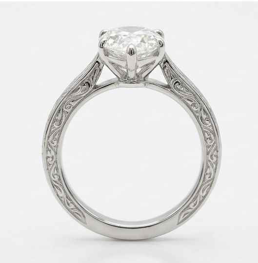 Solitaire with Hand Engraved Scroll Shank Pear Shape 4 ct Lab-Grown Diamond Ring in 14K White Gold - 3