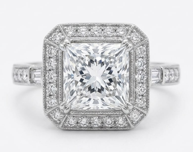 Art Deco Geometric Halo with Baguettes Princess Cut 4 ct Lab-Grown Diamond Ring in 14K White Gold: Title: Art Deco Geometric Halo with Baguettes Princess Cut 4 ct Lab-Grown Diamond Ring in 14K White Gold Description: This refined art deco geometric halo with baguettes ring features a 4 ct lab-grown