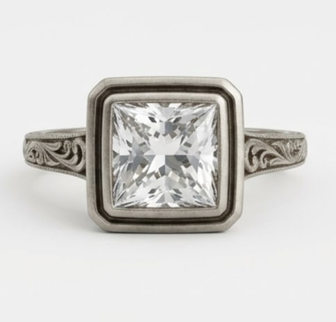 Vintage Bezel Set with Engraved Shoulders Princess Cut 3 ct Lab-Grown Diamond Ring in 14K White Gold: Title: Vintage Bezel Set with Engraved Shoulders Princess Cut 3 ct Lab-Grown Diamond Ring in 14K White Gold Description: This refined vintage bezel set with engraved shoulders ring features a 3 ct lab