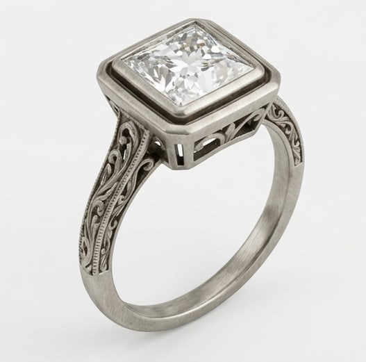 Vintage Bezel Set with Engraved Shoulders Princess Cut 3 ct Lab-Grown Diamond Ring in 14K White Gold - 2