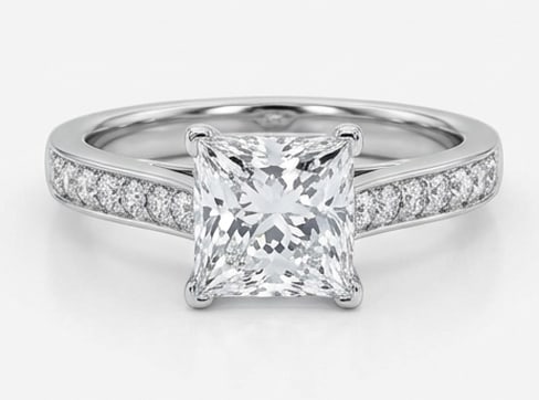 Cathedral Solitaire with Pave Channel Princess Cut 2 ct Lab-Grown Diamond Ring in 14K White Gold: Title: Cathedral Solitaire with Pave Channel Princess Cut 2 ct Lab-Grown Diamond Ring in 14K White Gold Description: This refined cathedral solitaire with pave channel ring features a 2 ct lab-grown d