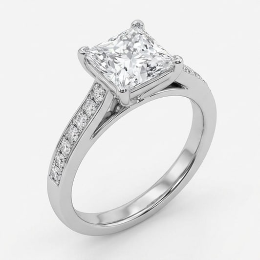 Cathedral Solitaire with Pave Channel Princess Cut 2 ct Lab-Grown Diamond Ring in 14K White Gold - 2