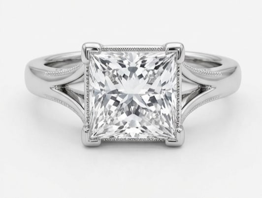 Modern Split Shank Solitaire (Plain) Princess Cut 4 ct Lab-Grown Diamond Ring in 14K White Gold: Title: Modern Split Shank Solitaire (Plain) Princess Cut 4 ct Lab-Grown Diamond Ring in 14K White Gold Description: This refined modern split shank solitaire (plain) ring features a 4 ct lab-grown dia