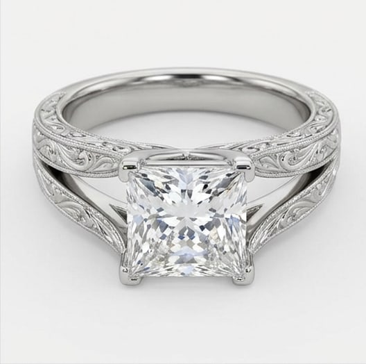 Vintage Split Shank with Scroll Filigree Princess Cut 3 ct Lab-Grown Diamond Ring in 14K White Gold - 2