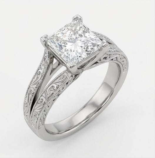 Vintage Split Shank with Scroll Filigree Princess Cut 3 ct Lab-Grown Diamond Ring in 14K White Gold - 4