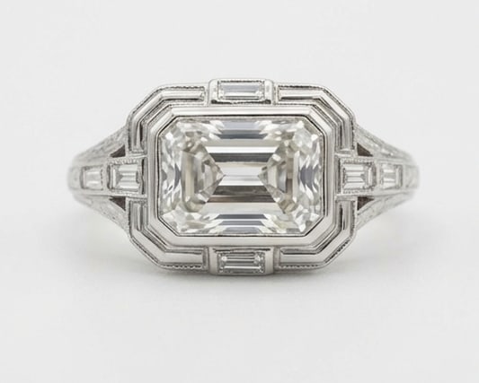 Art Deco Geometric Step Bezel Emerald Cut 6 ct Lab-Grown Diamond Ring in 14K White Gold: Title: Art Deco Geometric Step Bezel Emerald Cut 6 ct Lab-Grown Diamond Ring in 14K White Gold Description: This refined art deco geometric step bezel ring features a 6 ct lab-grown diamond in a emera