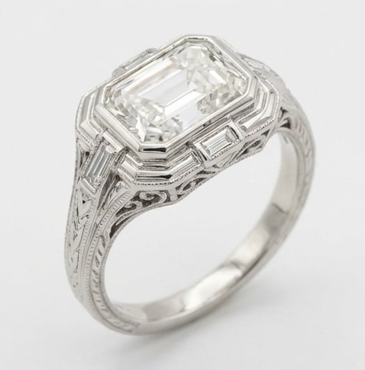 Art Deco Geometric Step Bezel Emerald Cut 6 ct Lab-Grown Diamond Ring in 14K White Gold - 3