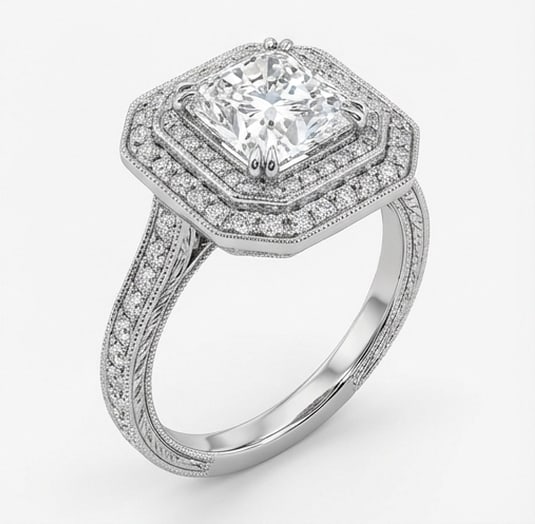 Double Octagonal Halo with Milgrain Radiant Cut 5 ct Lab-Grown Diamond Ring in 14K White Gold - 2