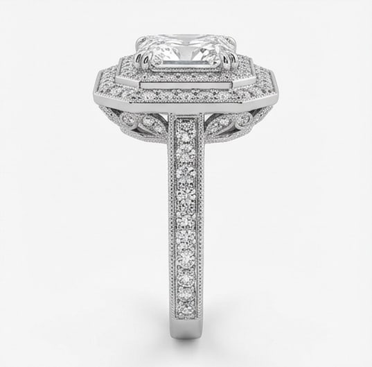 Double Octagonal Halo with Milgrain Radiant Cut 5 ct Lab-Grown Diamond Ring in 14K White Gold - 3