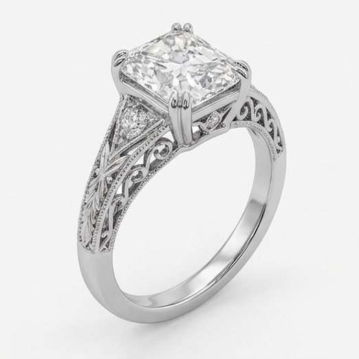 Vintage Split Shank with Wheat Engraving Radiant Cut 6 ct Lab-Grown Diamond Ring in 14K White Gold - 2