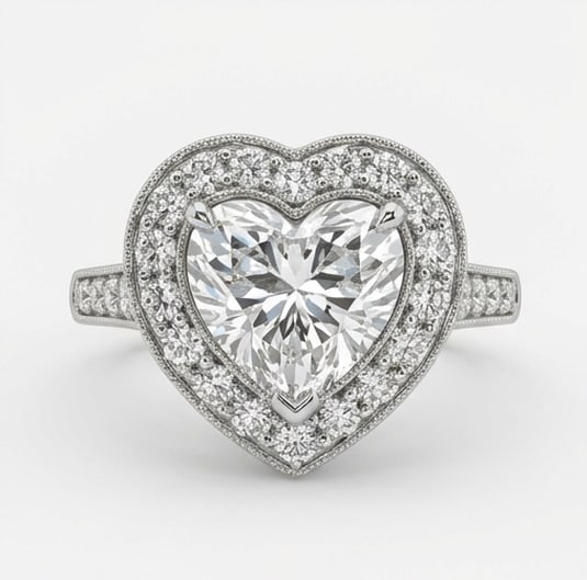 Double Halo with Split Shank Heart Shape 3 ct Lab-Grown Diamond Ring in 14K White Gold: Title: Double Halo with Split Shank Heart Shape 3 ct Lab-Grown Diamond Ring in 14K White Gold Description: This refined double halo with split shank ring features a 3 ct lab-grown diamond in a heart s