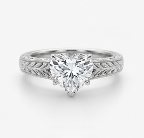 Vintage Solitaire with Wheat Engraving Heart Shape 2 ct Lab-Grown Diamond Ring in 14K White Gold: Title: Vintage Solitaire with Wheat Engraving Heart Shape 2 ct Lab-Grown Diamond Ring in 14K White Gold Description: This refined vintage solitaire with wheat engraving ring features a 2 ct lab-grown