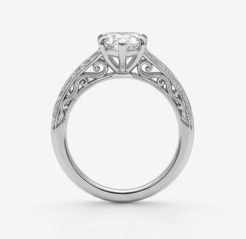 Vintage Solitaire with Wheat Engraving Heart Shape 2 ct Lab-Grown Diamond Ring in 14K White Gold - 2