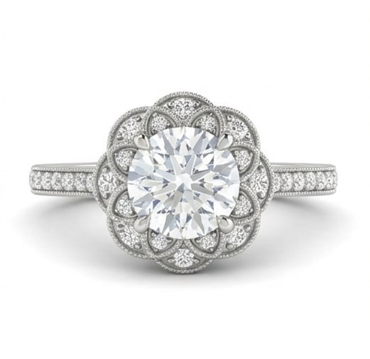 Floral Halo Round Brilliant 3 ct Lab-Grown Diamond Ring in 14K White Gold: Title: Floral Halo Round Brilliant 3 ct Lab-Grown Diamond Ring in 14K White Gold Description: This refined floral halo ring features a 3 ct lab-grown diamond in a round brilliant cut, expertly set in