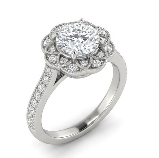 Floral Halo Round Brilliant 3 ct Lab-Grown Diamond Ring in 14K White Gold - 2