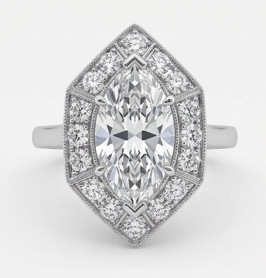 Hexagonal Halo Marquise Cut 7 ct Lab-Grown Diamond Ring in 14K White Gold: Title: Hexagonal Halo Marquise Cut 7 ct Lab-Grown Diamond Ring in 14K White Gold Description: This refined hexagonal halo ring features a 7 ct lab-grown diamond in a marquise cut cut, expertly set in