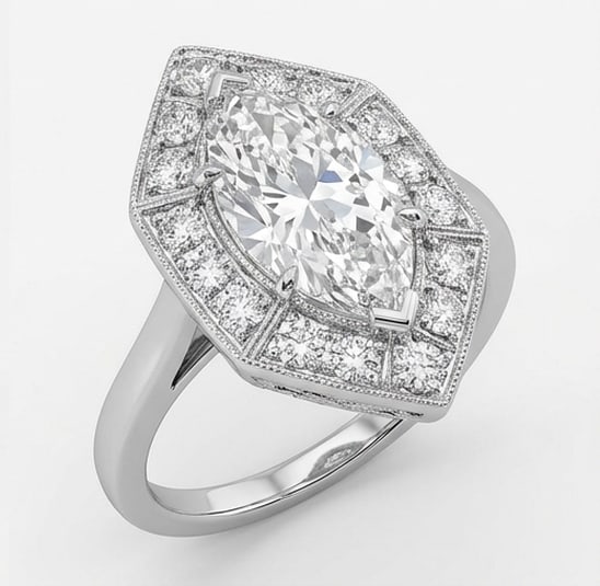 Hexagonal Halo Marquise Cut 7 ct Lab-Grown Diamond Ring in 14K White Gold - 2