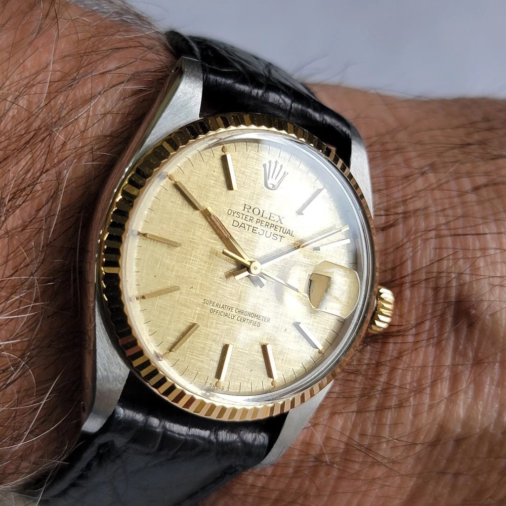 Rolex Oyster Datejust 16013 36mm 18k SS 1980s Linen Dial Mens Automatic RA395C - 16