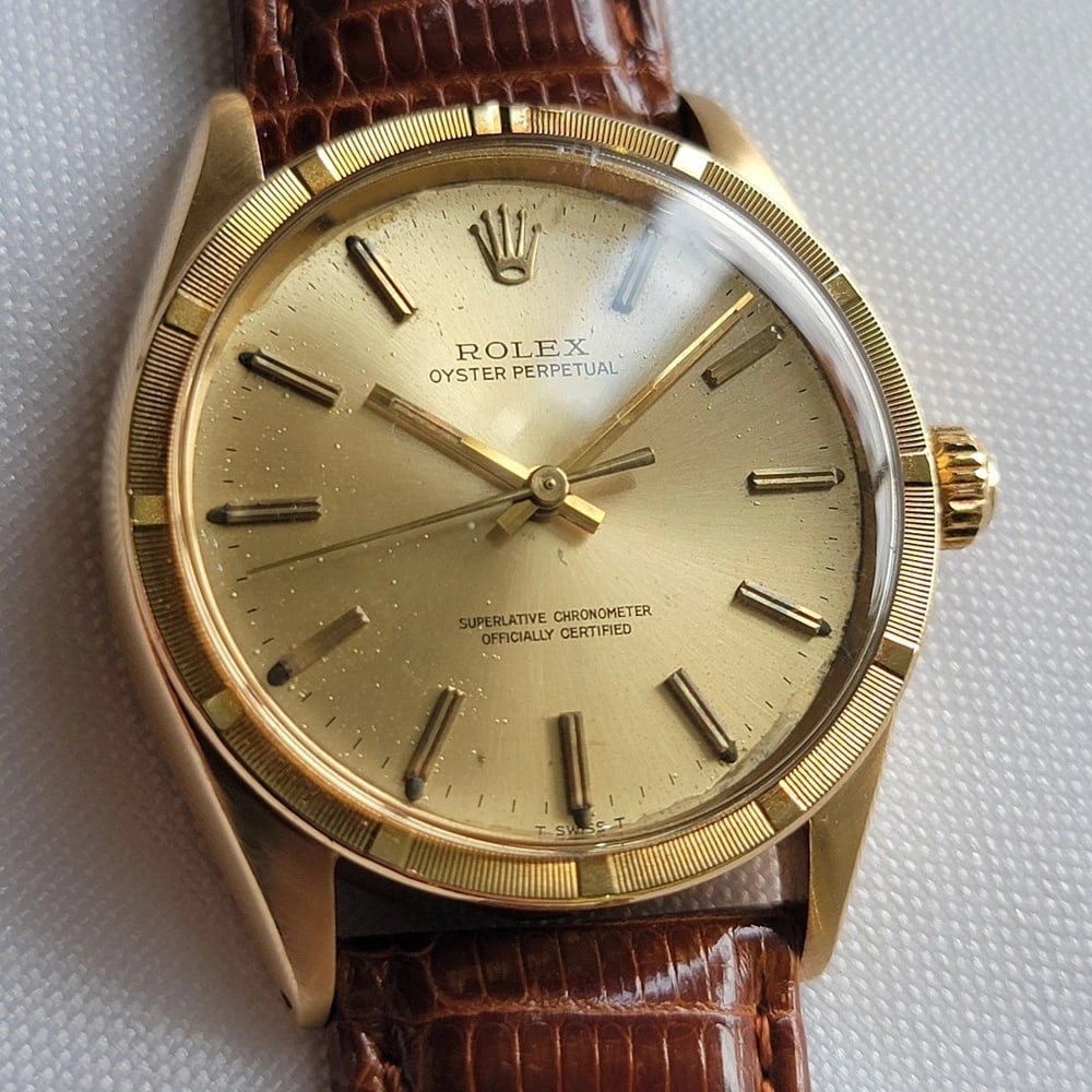 Rolex Oyster Perpetual Ref 1007 18k Solid Gold 1960s Mens 34mm Automatic RA438C: Title:Rolex Oyster Perpetual Ref 1007 18k Solid Gold 1960s Mens 34mm Automatic RA438C Description:Luxurious elegance, 18k solid gold Rolex Oyster perpetual ref.1007 men's 34mm automatic, c.1967, in ex