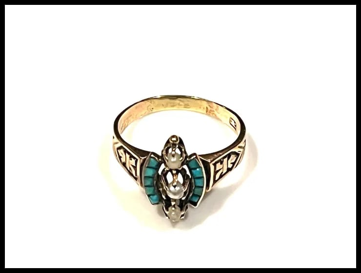 Antique Victorian 14k Rose Gold Seed Peal & Turquoise Statement Ring - 11