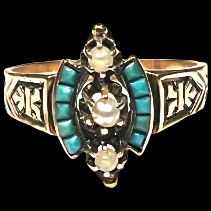 Antique Victorian 14k Rose Gold Seed Peal & Turquoise Statement Ring: Title: Antique Victorian 14k Rose Gold Seed Peal & Turquoise Statement Ring Description: Antique Victorian 14k Rose Gold Seed Peal & Turquoise Statement RingHallmarked: No Hallmark Seen. Tested as 14k