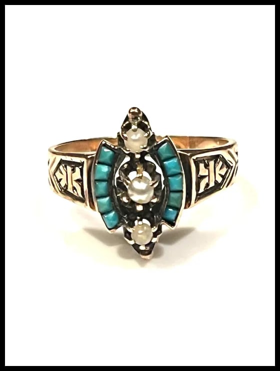 Antique Victorian 14k Rose Gold Seed Peal & Turquoise Statement Ring - 3