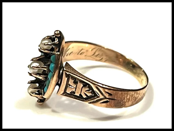 Antique Victorian 14k Rose Gold Seed Peal & Turquoise Statement Ring - 6