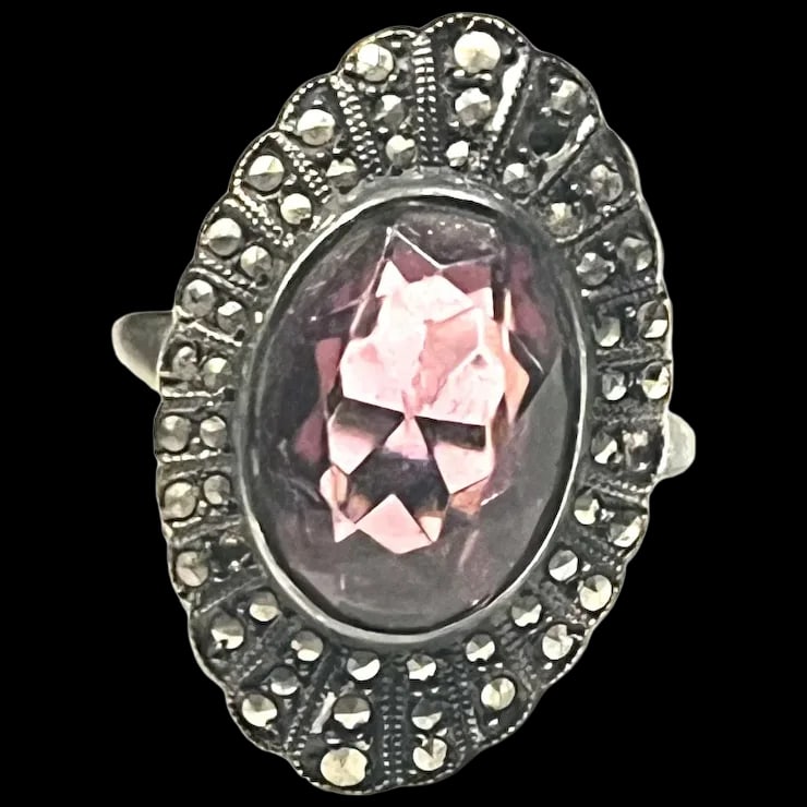 Vintage Sterling Silver Amethyst Marcasite Statement Ring (1 of 5)