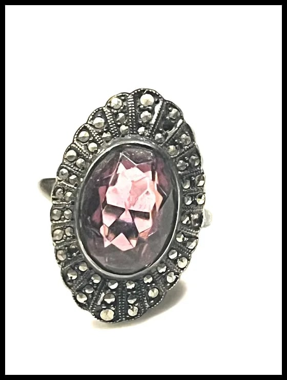 Vintage Sterling Silver Amethyst Marcasite Statement Ring - 2