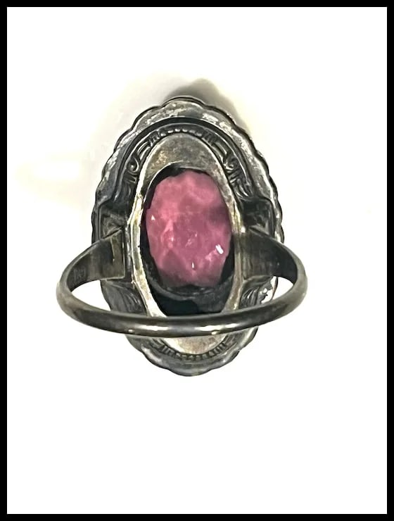 Vintage Sterling Silver Amethyst Marcasite Statement Ring - 5