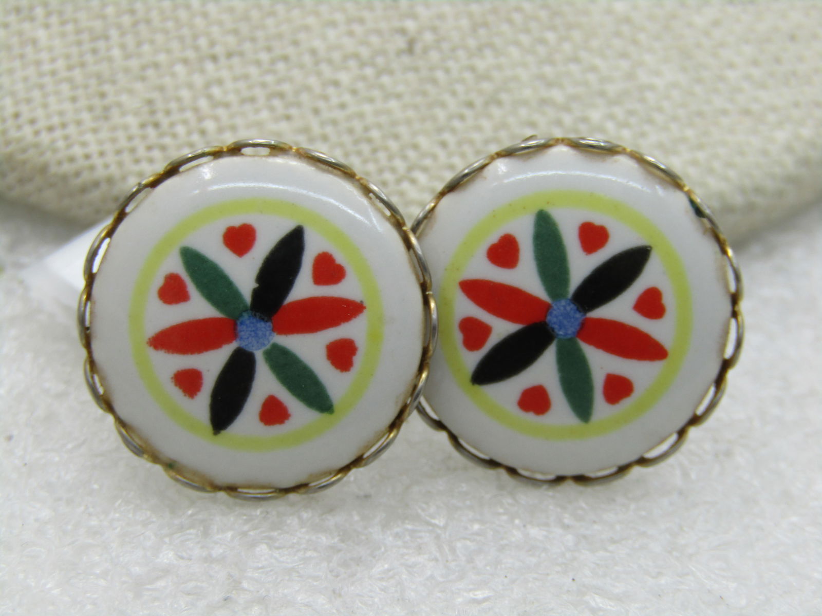 Vintage Hex Sign Earrings, Screw Back, 1960's-1970's, Round - 2
