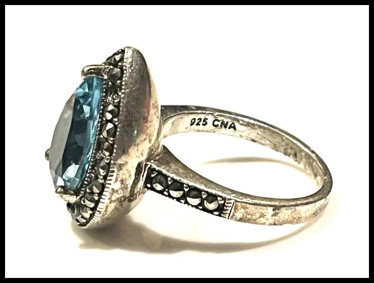 Vintage Sterling Silver Blue Topaz and Marcasite Statement Ring - 4