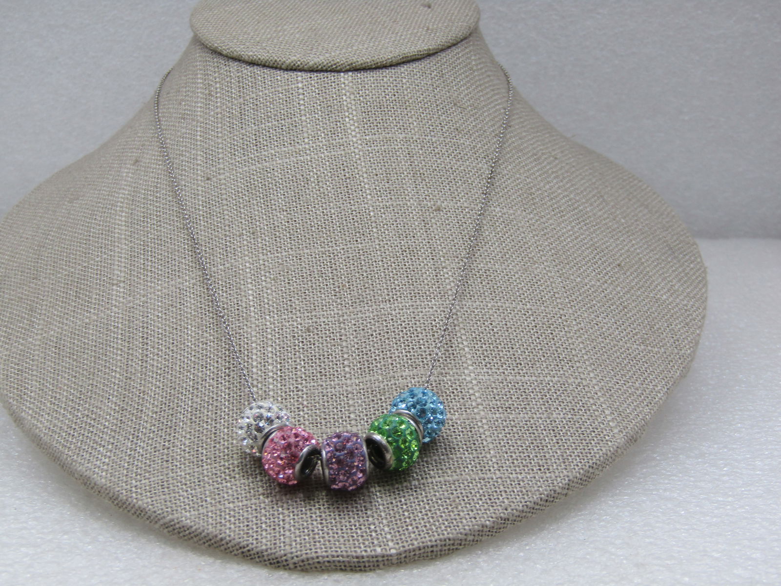 Vintage Pave Pastel CZ/Rhinestone Slide Bead Necklace, 18": Vintage Pave Pastel CZ/Rhinestone Slide Bead Necklace, 18", signed SU and TH on the chain and the beads. The beads did test as sterling the chain as plated. All pieces are in very good condition. The