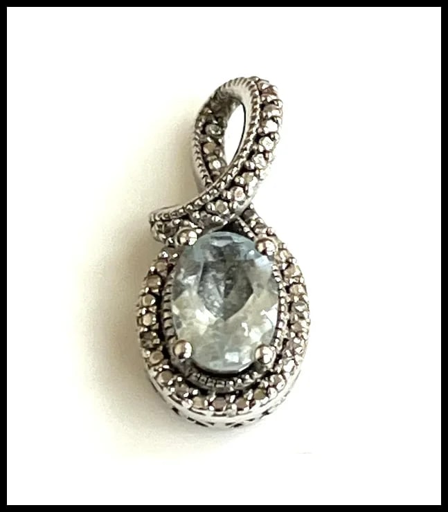 Estate Sterling Silver Oval Cut Aquamarine Halo Pendant - 2