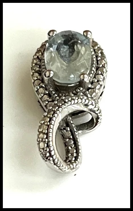 Estate Sterling Silver Oval Cut Aquamarine Halo Pendant - 3