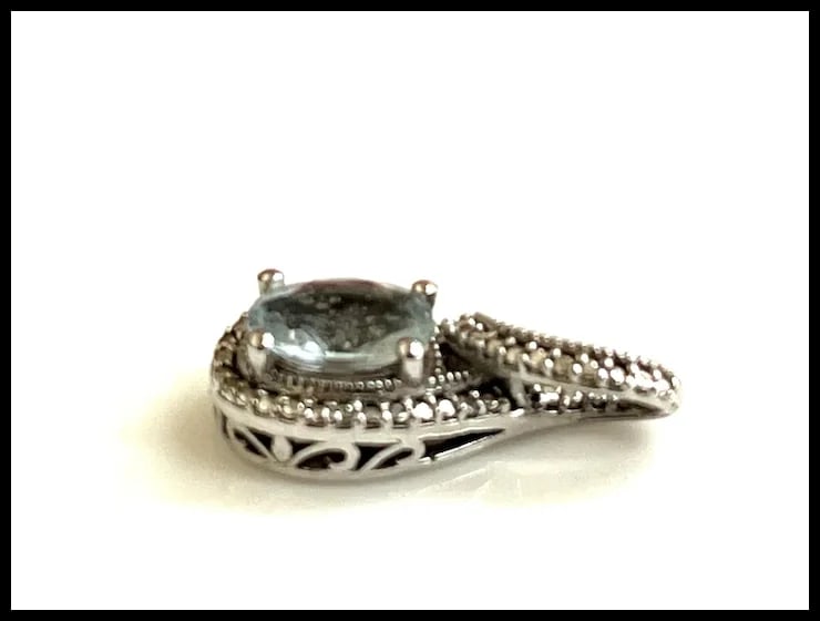 Estate Sterling Silver Oval Cut Aquamarine Halo Pendant - 4