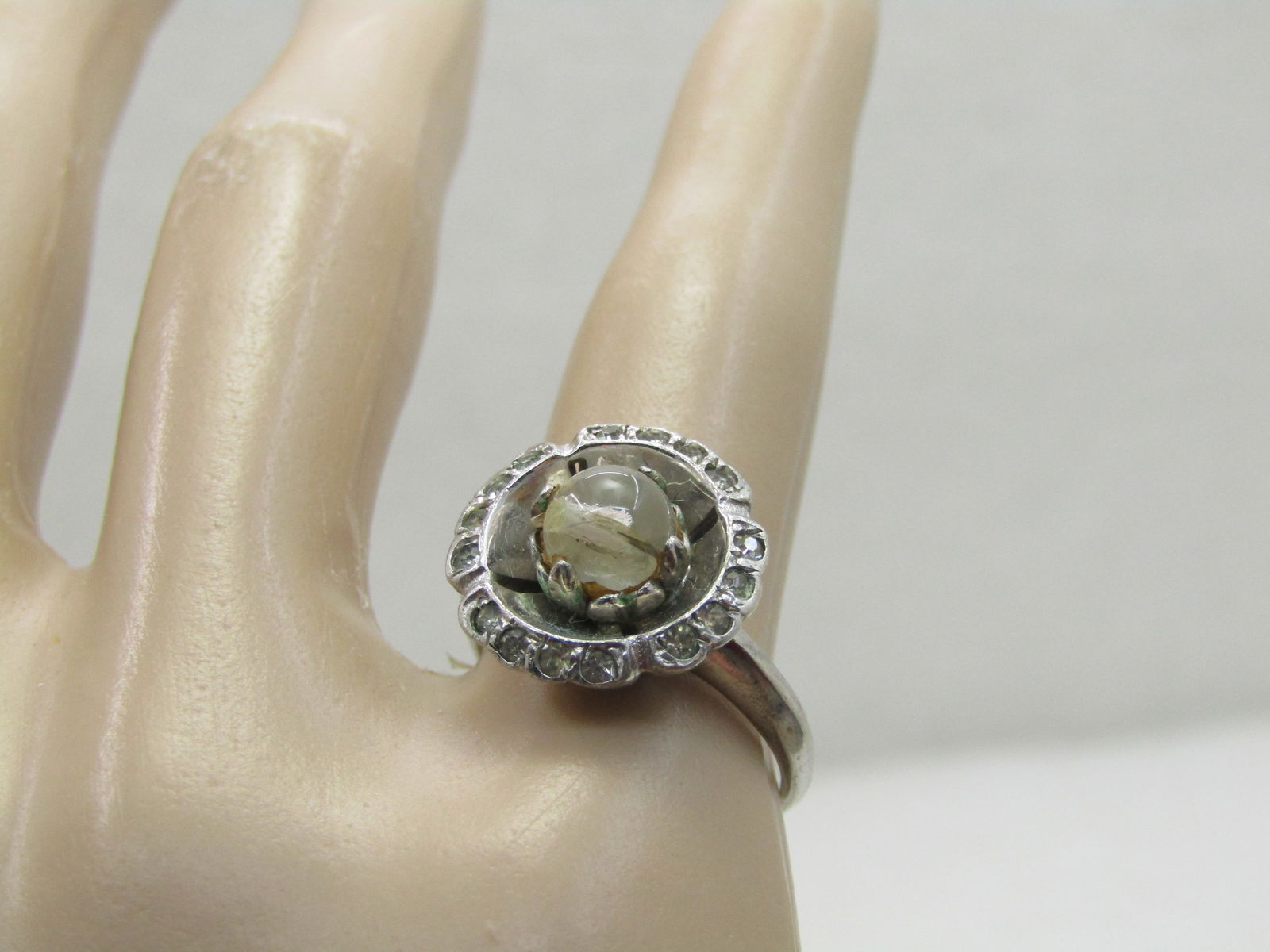 Vintage Sterling Uncas Clear Stone Ring, Art Deco, Sz. 6, Halo (NL) - 9