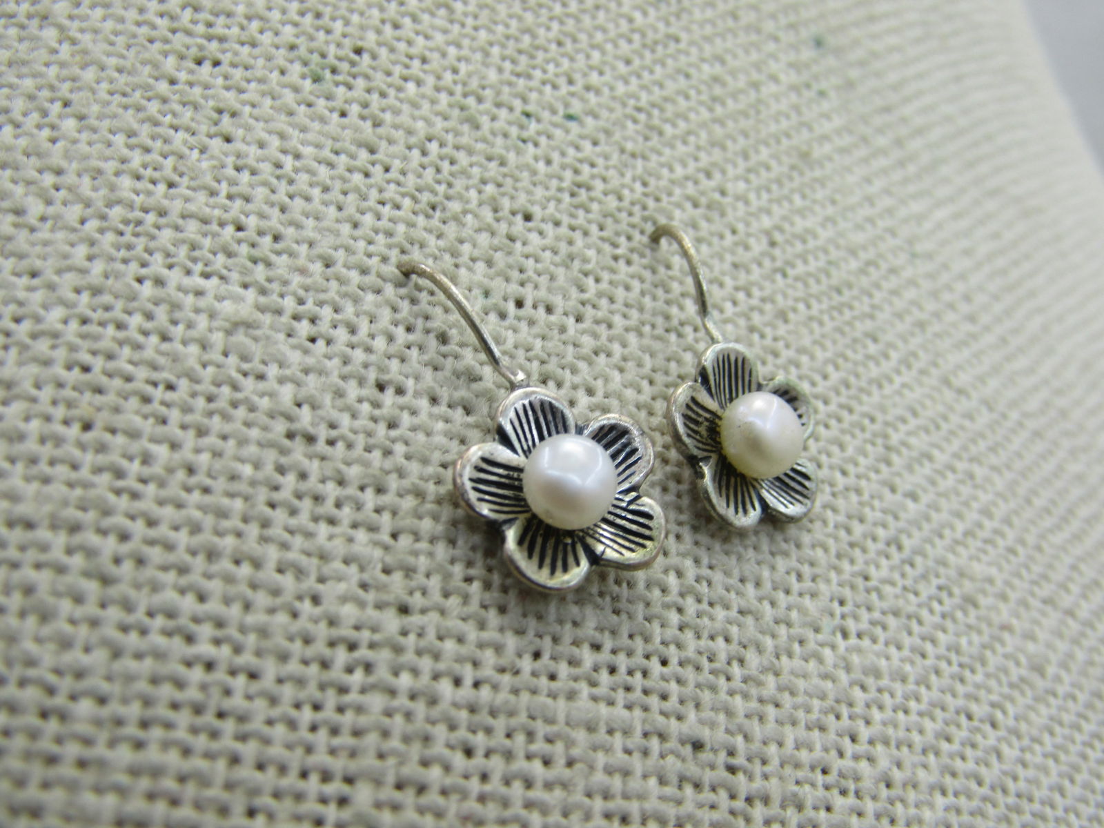 Vintage Sterling Blossom Drop Earrings, 4mm Cultured Pearl - 3