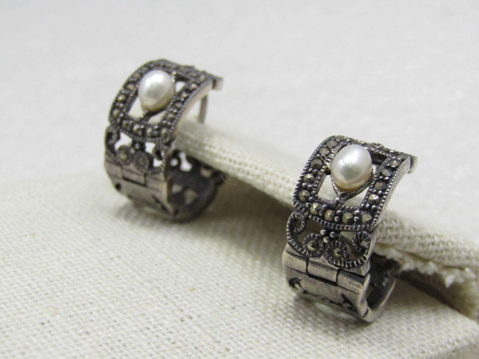 Vintage Sterling Faux Pearl Marcasite Earrings, Hoop Pierced (1 of 6)