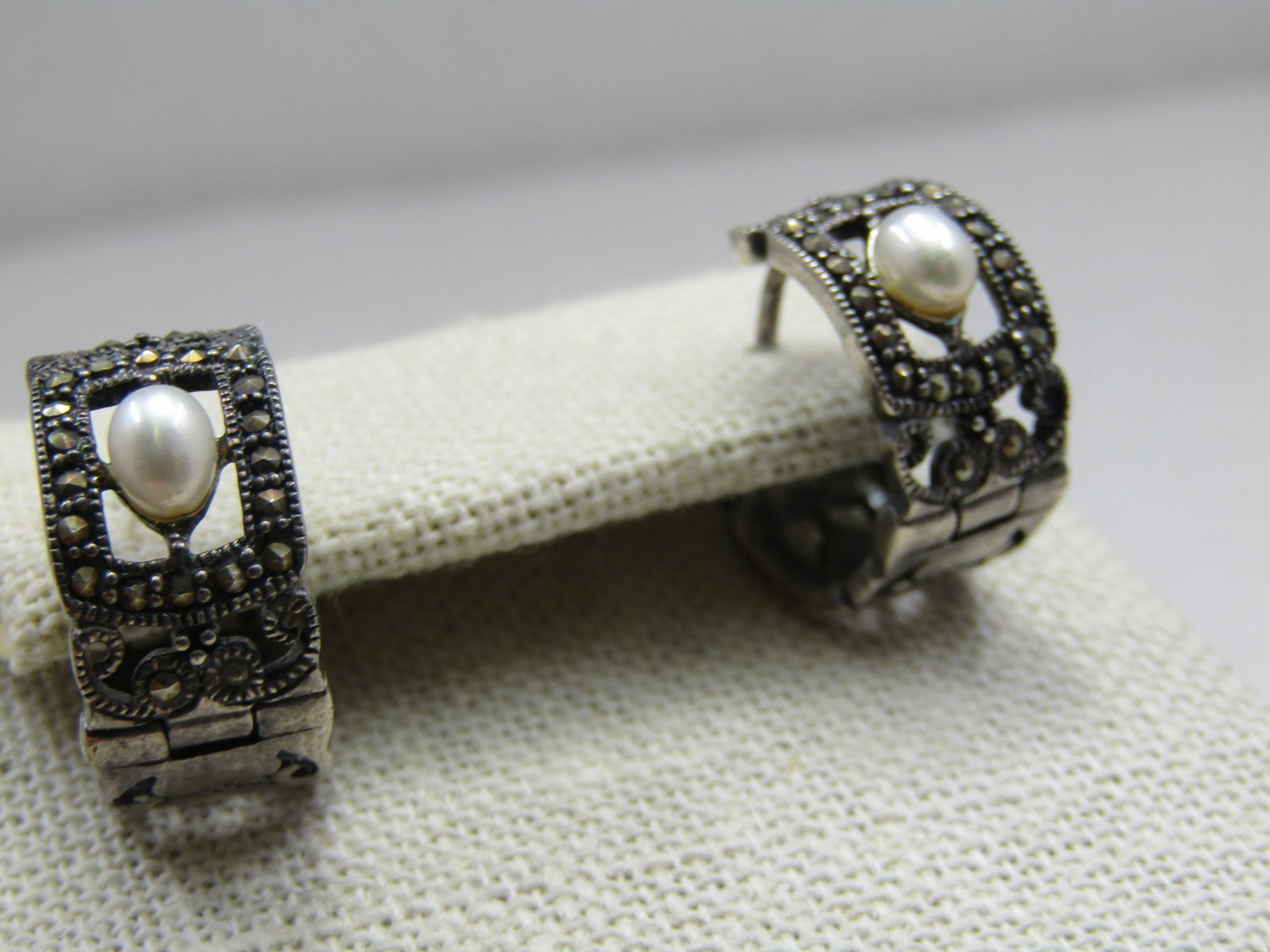 Vintage Sterling Faux Pearl Marcasite Earrings, Hoop Pierced - 2