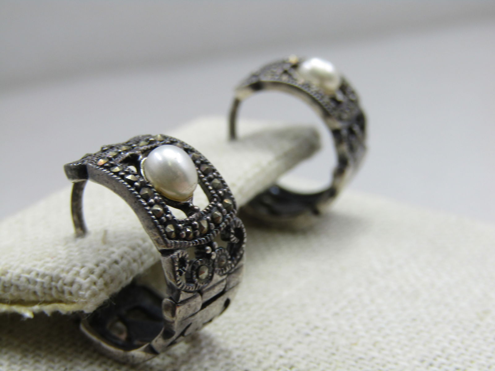 Vintage Sterling Faux Pearl Marcasite Earrings, Hoop Pierced - 3