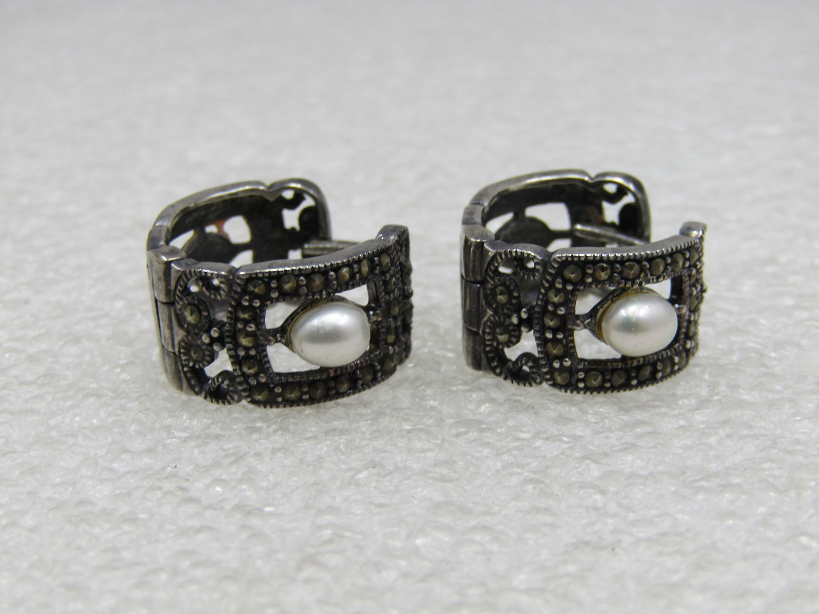 Vintage Sterling Faux Pearl Marcasite Earrings, Hoop Pierced - 4