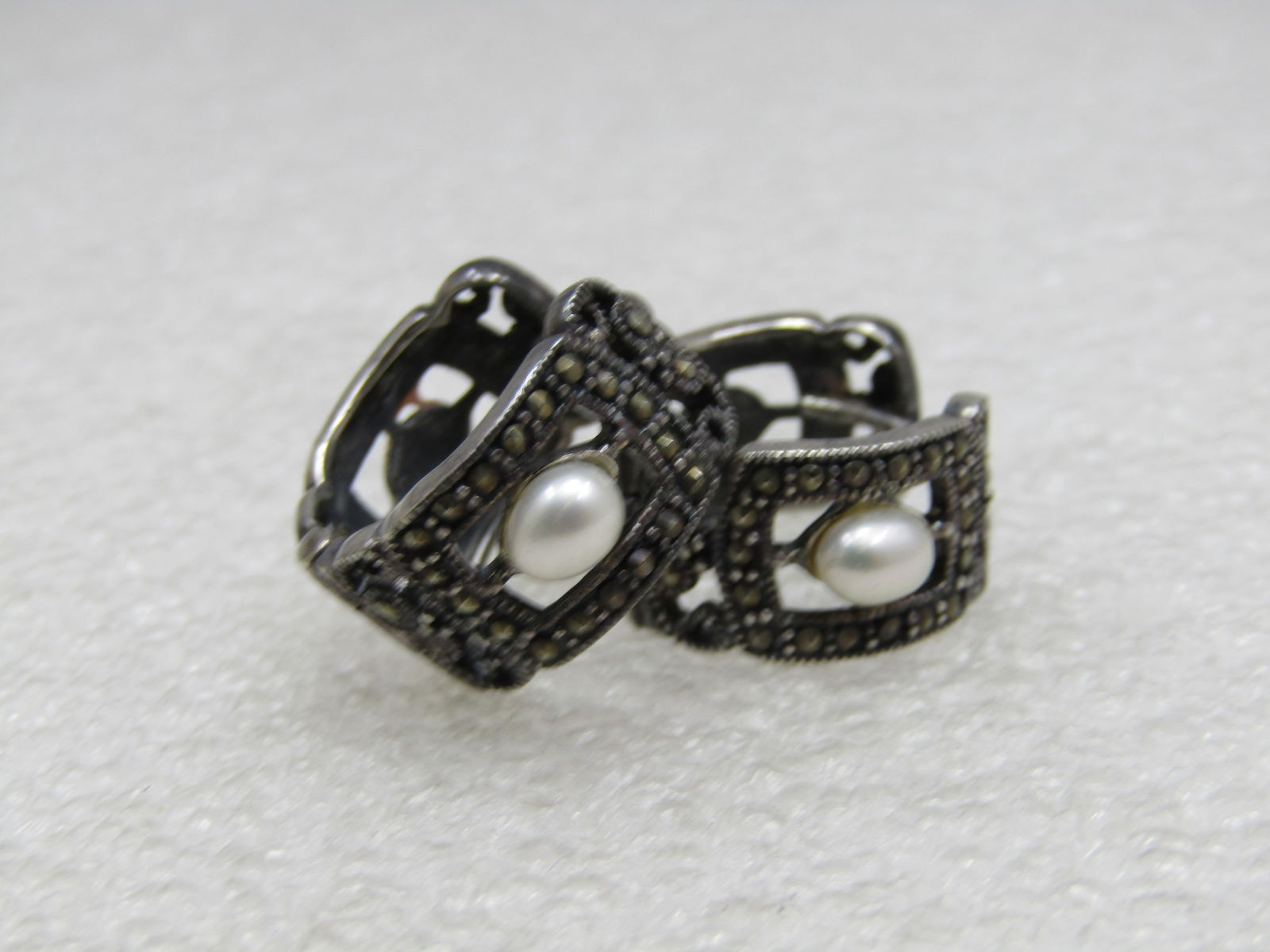 Vintage Sterling Faux Pearl Marcasite Earrings, Hoop Pierced - 5