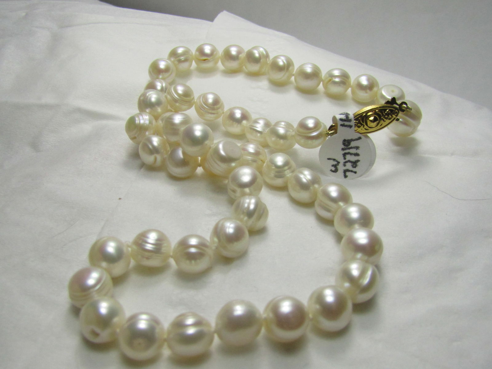18" White Freshwater Potato Pearl Necklace, Gold Tone Filigree Clasp, 7.7mm to 8.5mm - 3