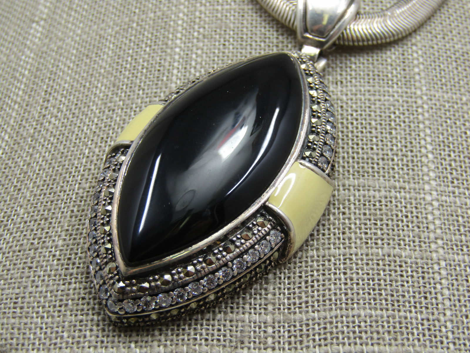 Sterling Faux Marcasite & Onyx Rhinestone Pointed Necklace, Enameled Accents, 18" - 4