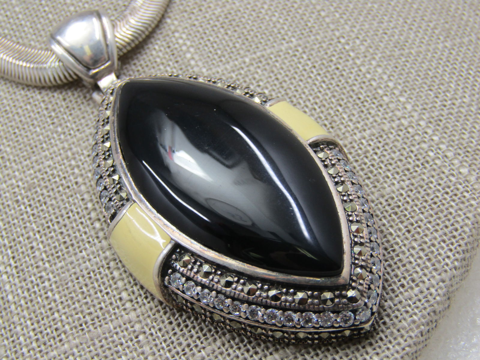 Sterling Faux Marcasite & Onyx Rhinestone Pointed Necklace, Enameled Accents, 18" - 5