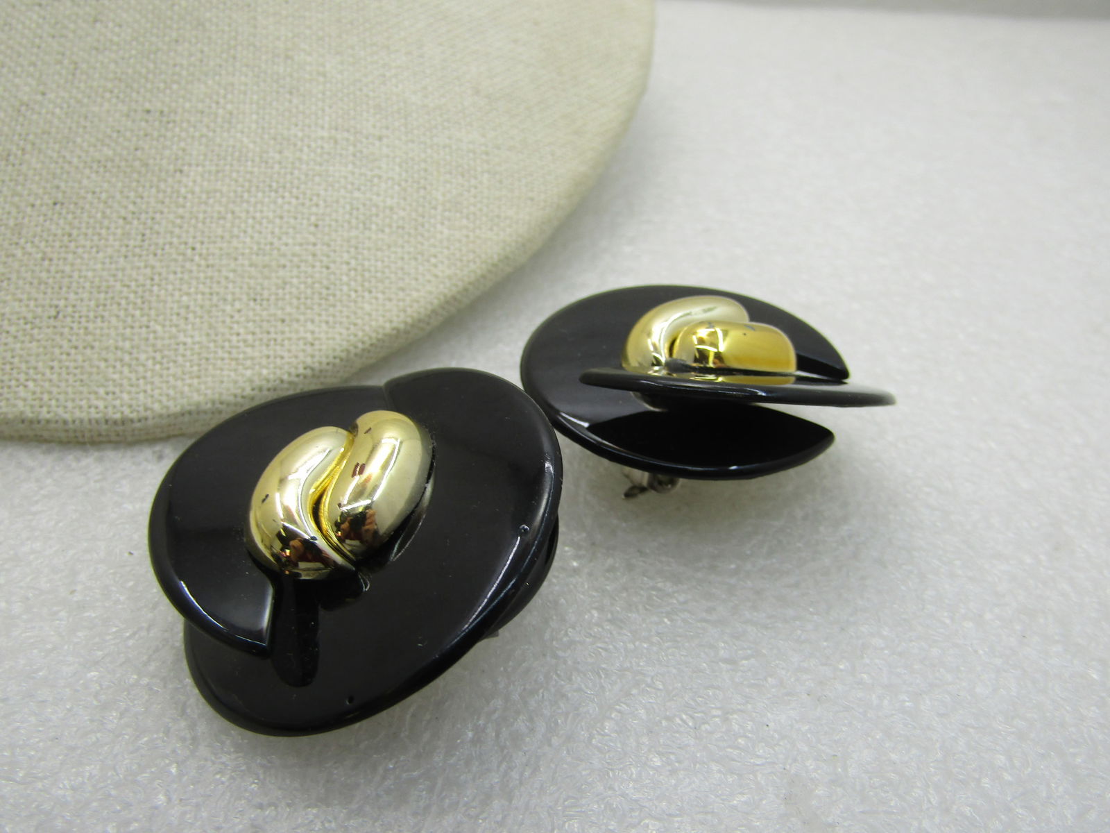 Vintage Black & Gold Clip Earrings, Statement Earrings, 1980's 1.5" - 3
