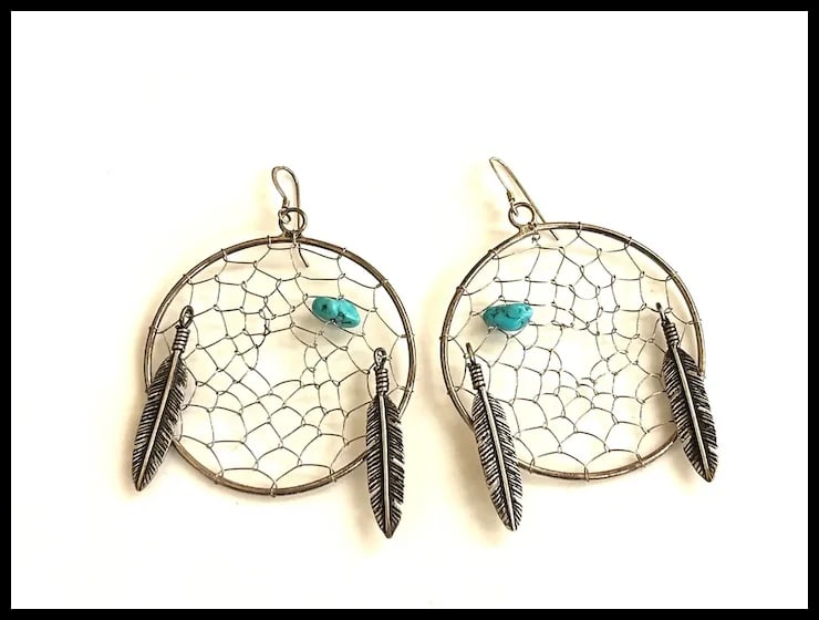 Vintage Native American Oversized Sterling Silver Dream Catcher Earrings - 2