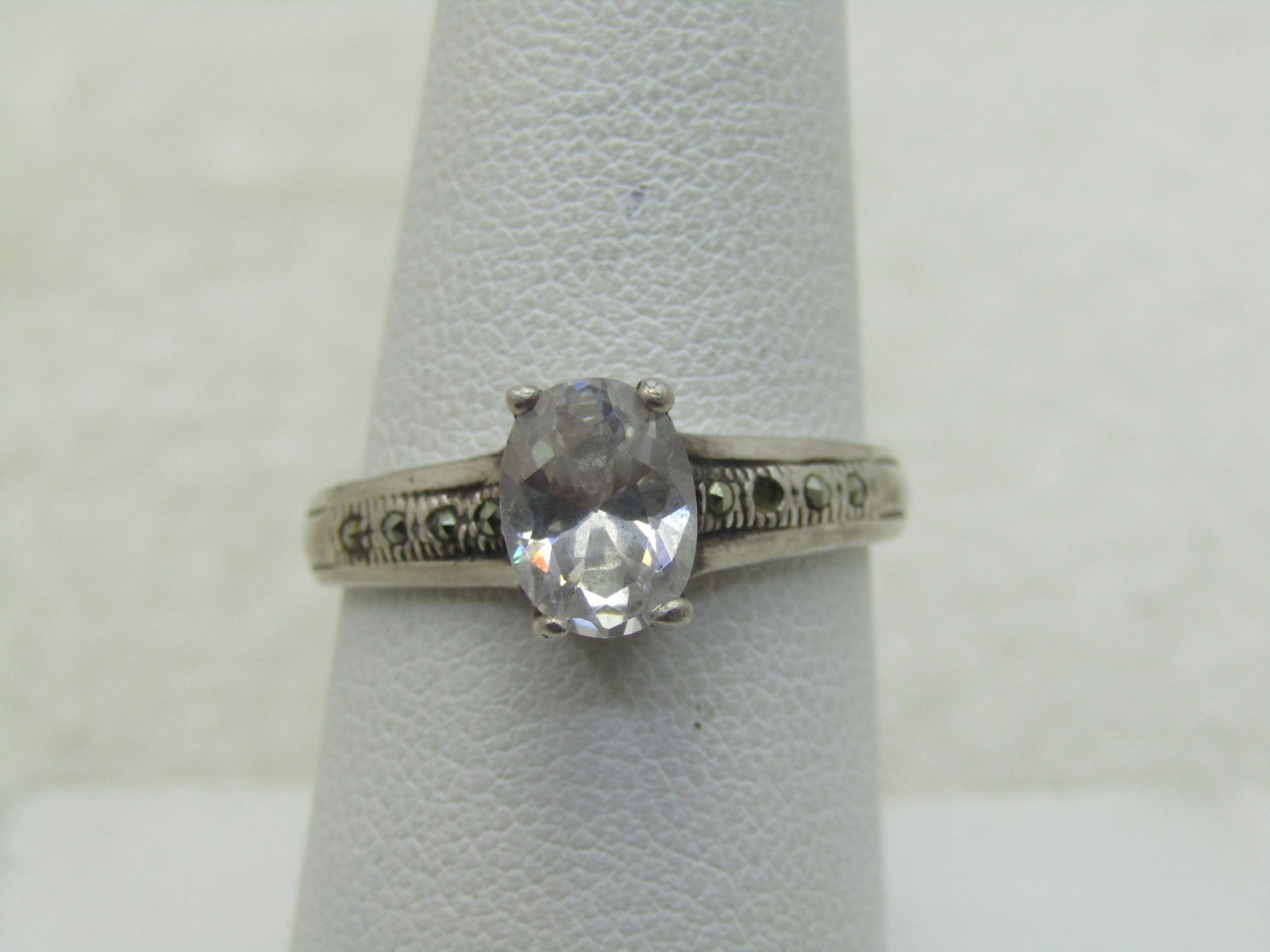 Vintage Sterling Silver Clear Stone & Marcasite Ring, Sz. 8 (1 of 5)